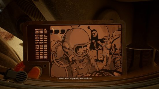 Впечатления от игрового процесса Invincible: нарисованный от руки мультфильм, показанный на слайде, который держит игрок, изображает команду исследователей планет, готовящихся к миссии.