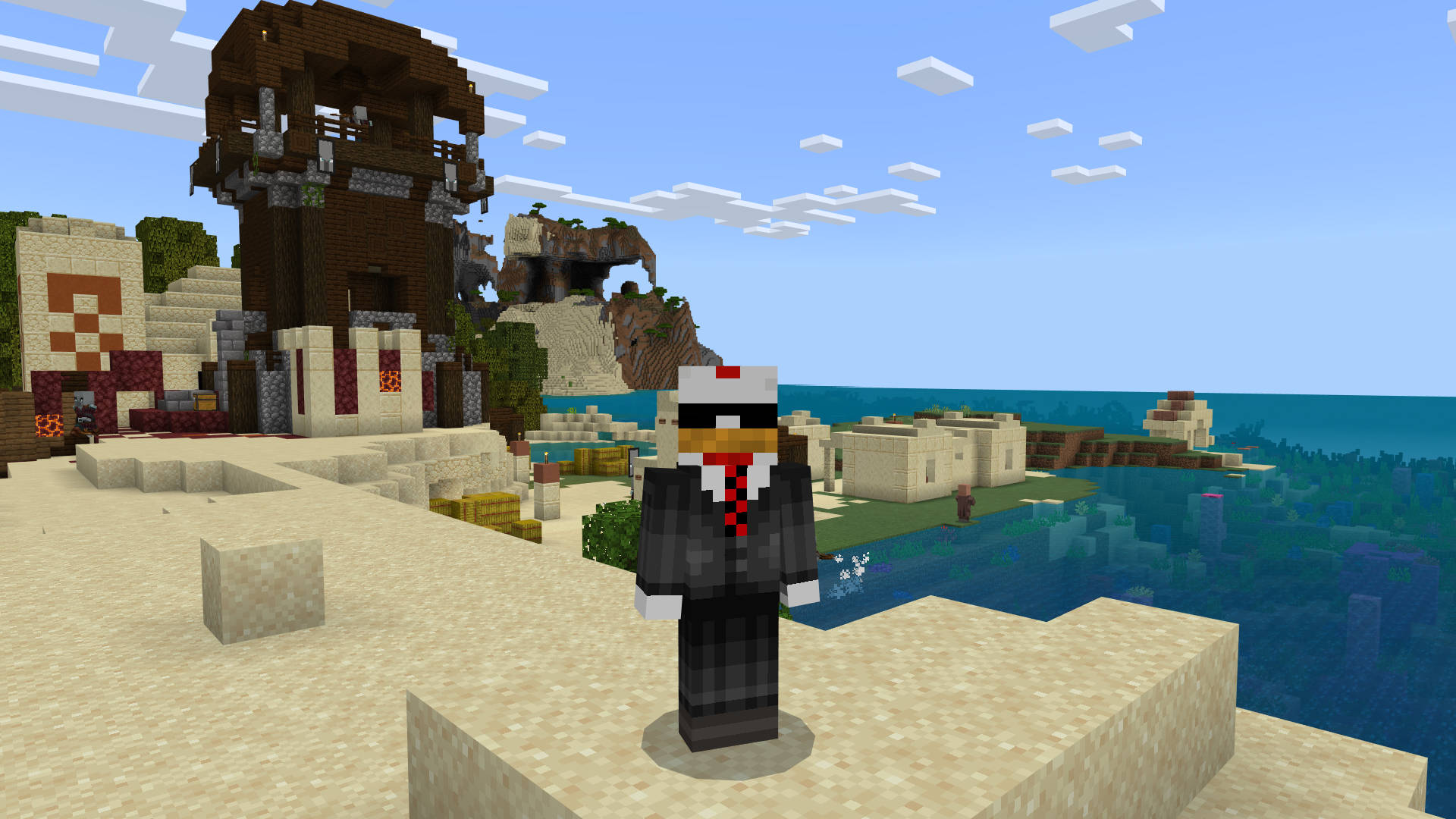 Найкращі сиди Minecraft: курка в костюмі стоїть біля вежі Illager на пляжі.