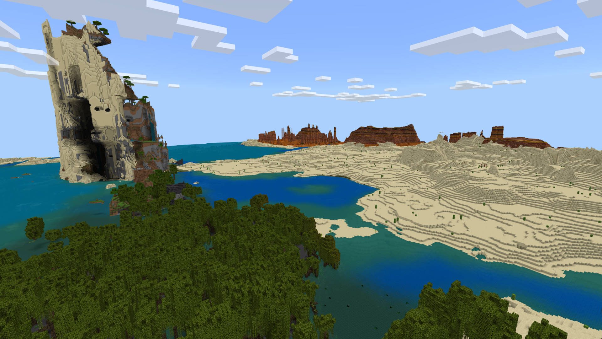 सर्वश्रेष्ठ Minecraft बीज: पानी के बीच में एक शिखर, जो दलदल और रेगिस्तान से घिरा हुआ है। पृष्ठभूमि में रेगिस्तान है और दूरी में दलदली भूमि है।