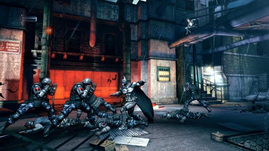 Лучшие игры про Бэтмена — Arkham Origins Blackgate: Бэтмен сражается с вооруженными головорезами на фоне Женщины-кошки
