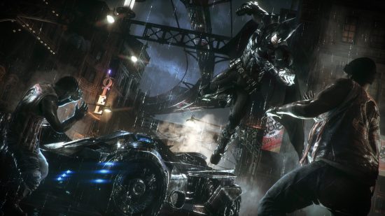Лучшие игры про Бэтмена - Arkham Knight: Batman выпрыгивает из бэтмобиля, чтобы ударить врага