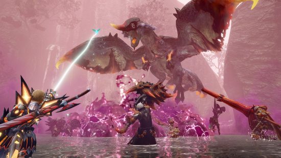 Лучшие игры для ПК - Monster Hunter Rise: отряд игроков уничтожает летающее чудовище