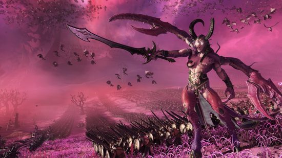 Лучшие игры для ПК: Total War: Warhammer 3 - Слаанеш направляет свой меч в пурпурное небо