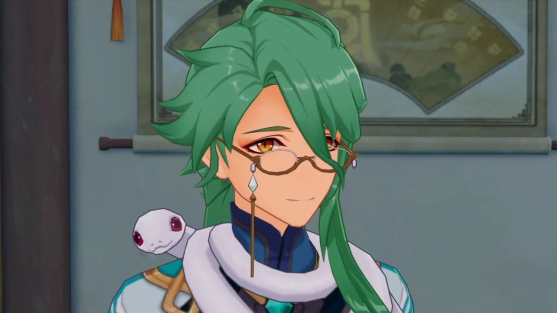 Потенциальный новый персонаж Genshin Impact Байжу, в очках и с белой змеей на шее