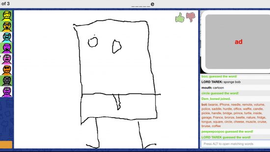 Best io games: A player in Skribbl.io attempting to draw Spongebob Squarepants 