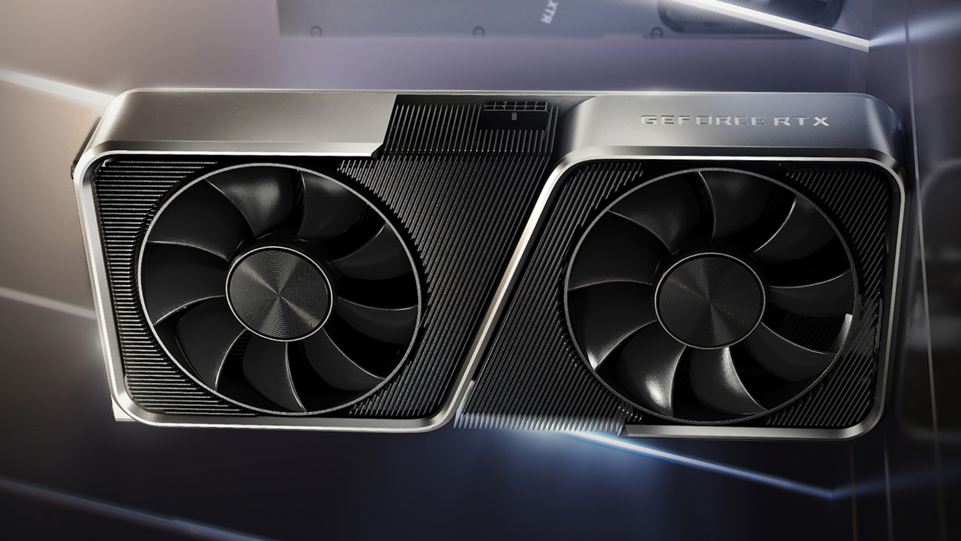 RTX 4070: Nvidia GeForce promotional image for graphics cards with GPU in centre and reflective backdrop